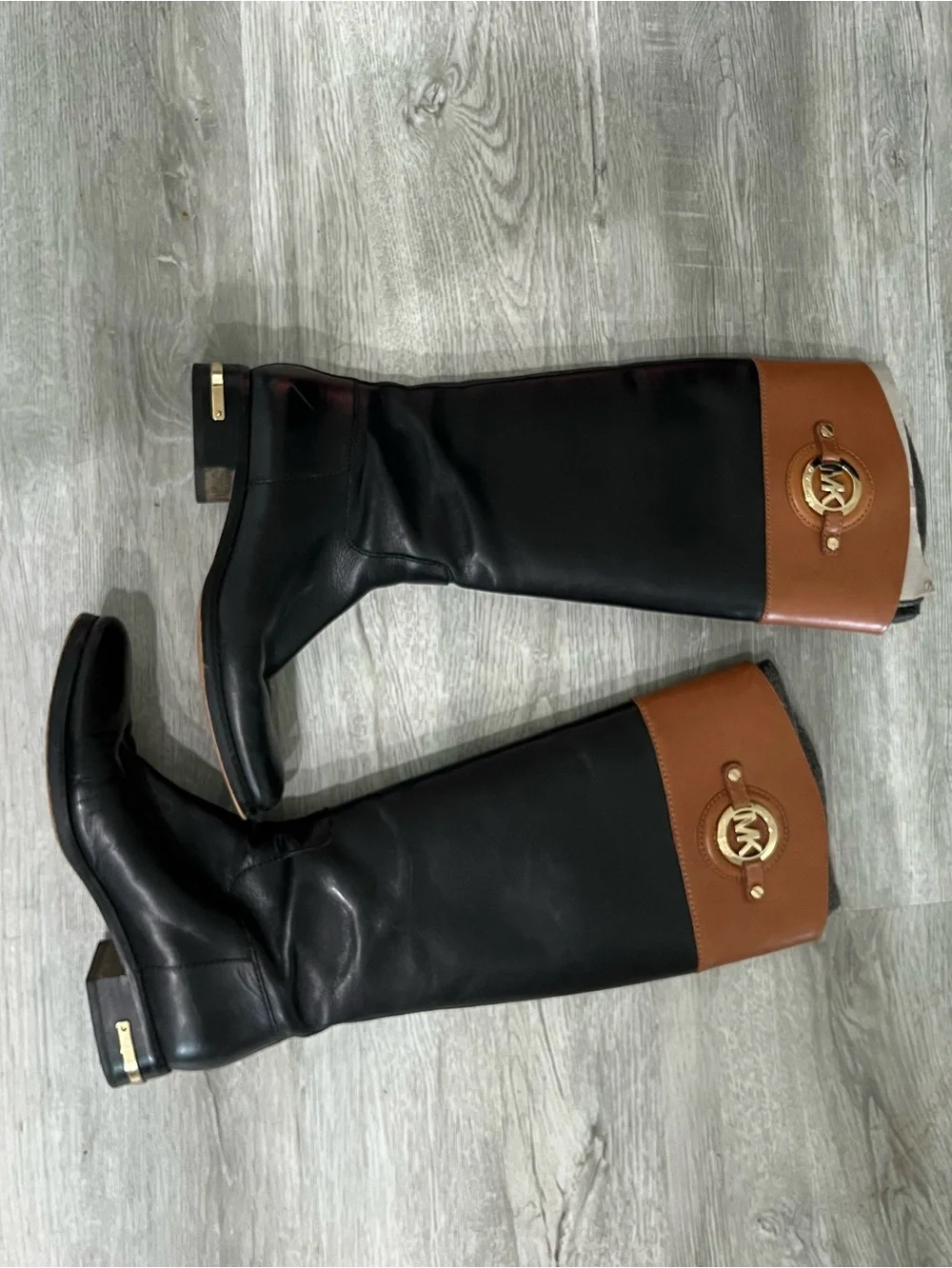 Michael Kors Black and Brown Leather Tall Riding Boots with Logo Accent